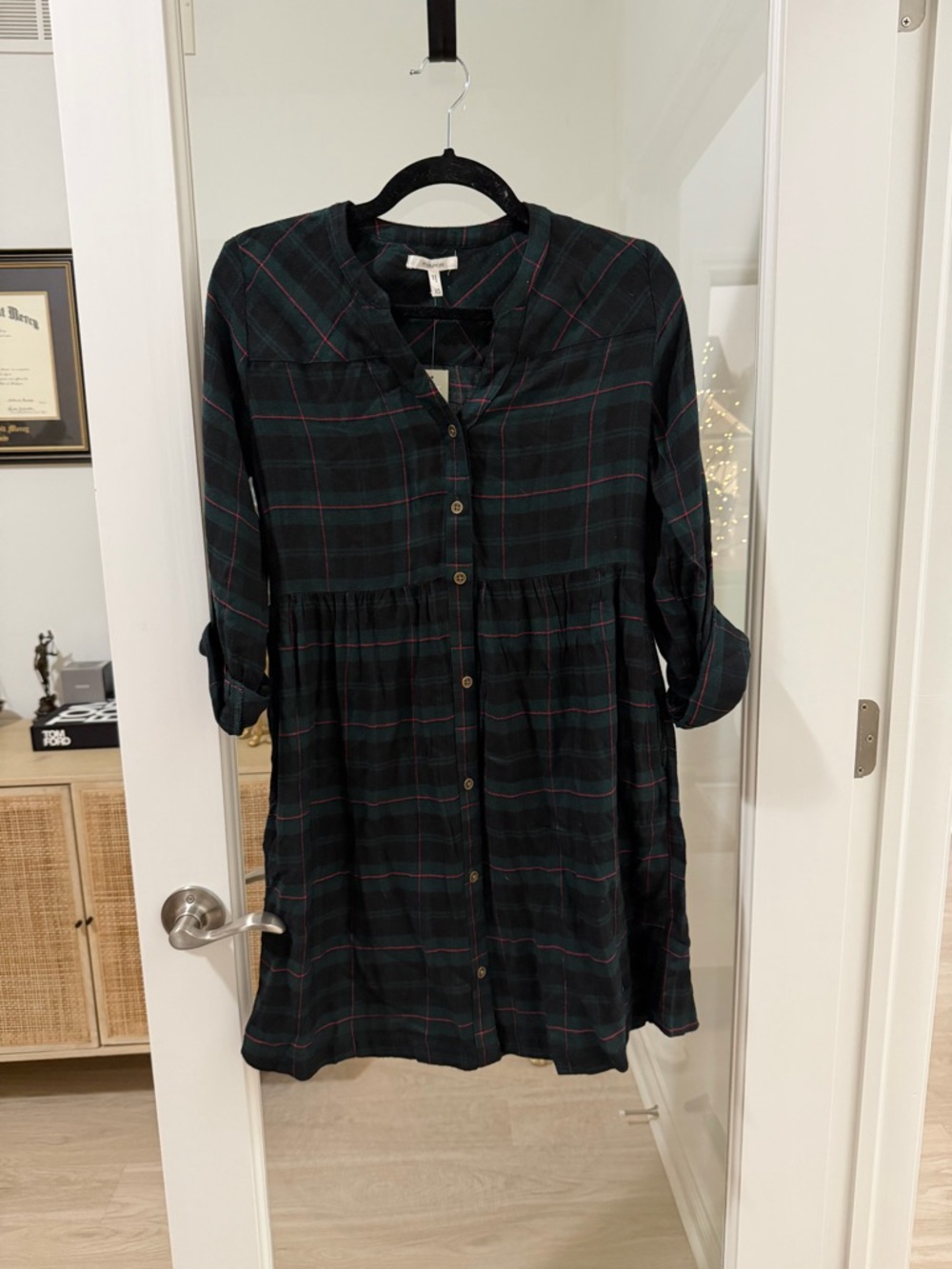 NWT Maurices Plaid Button-Front Tunic Dress in Dark Green and Black